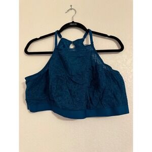 Cacique Teal Blue Lace High Neck Wire Free Bralette Top Plus Size 26/28